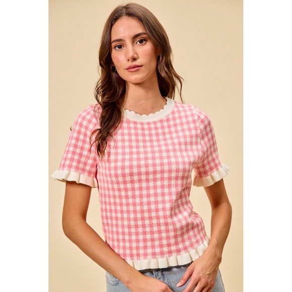 So Me Tops - SO ME Gingham Knit Ruffled Short Sleeves Sweater Top - Pink - XL
